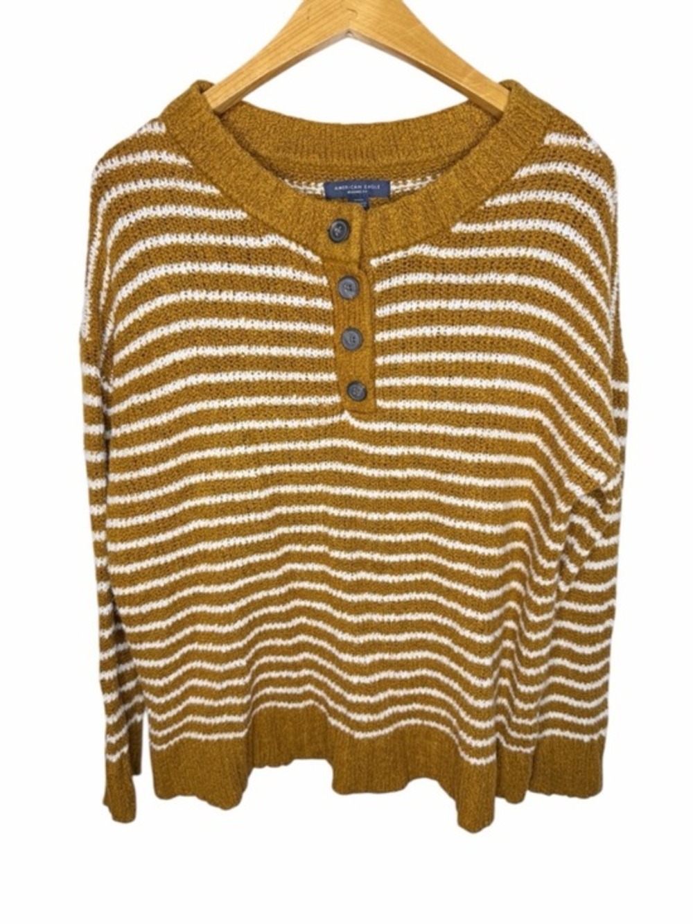 American Eagle Striped Sweater M Brown White Button Cozy Knit Jegging Fit